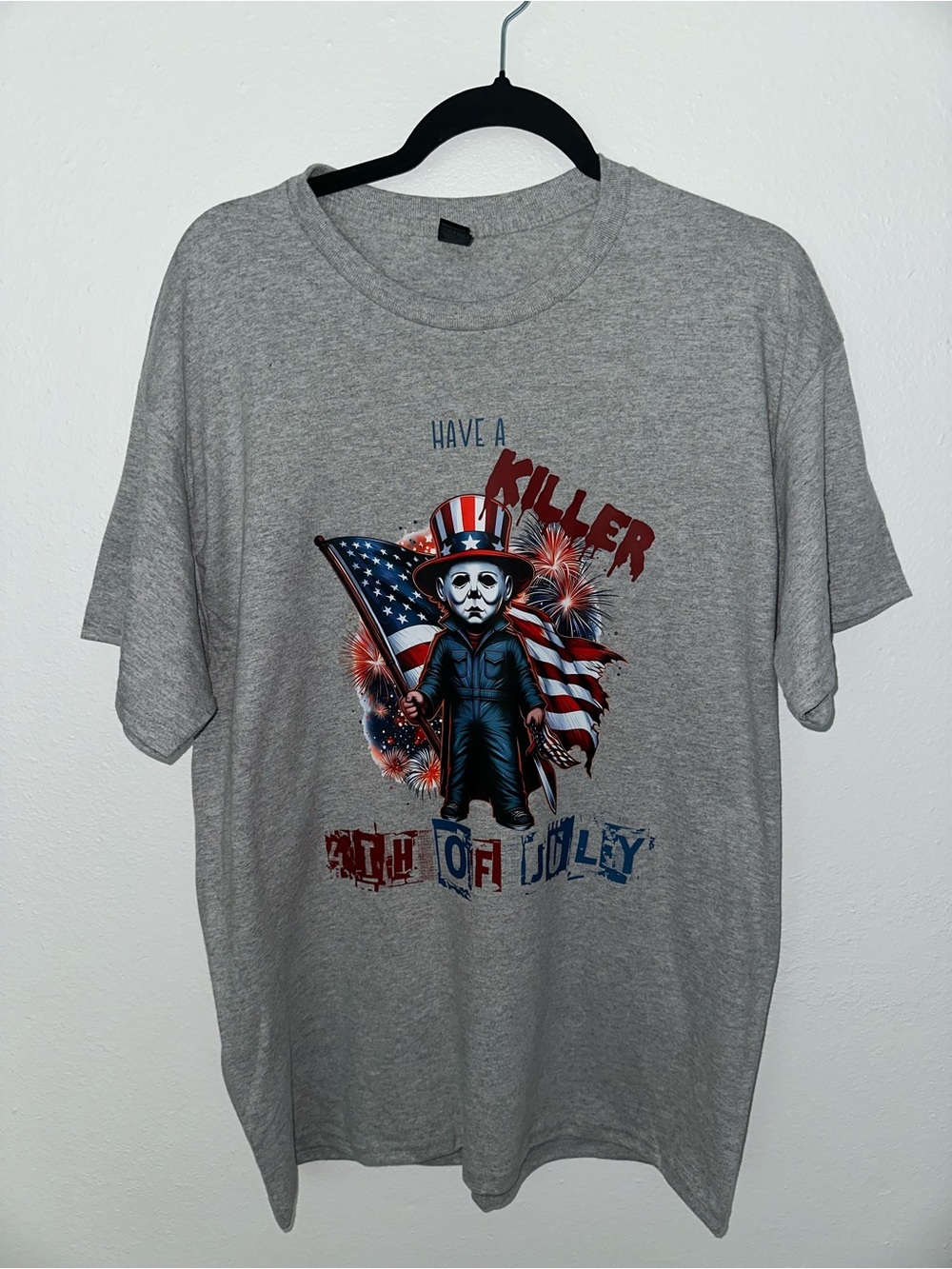 NEW! Gray Graphic Tee with Patriotic Horror Print
